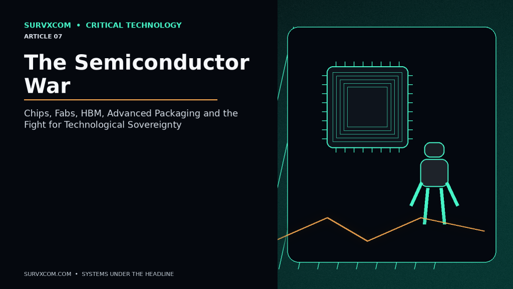 Investigative semiconductor supply-chain visualization showing an AI accelerator with HBM, advanced packaging, TSMC fabs, ASML lithography and manufacturing links across Taiwan, the United States, South Korea, the Netherlands and China.