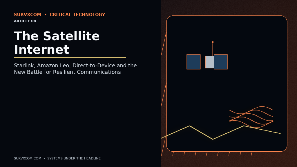 Investigative visualization of Starlink, Amazon Leo, AST SpaceMobile and OneWeb satellites linking phones, cell towers, fiber networks and emergency communications, with GPS/PNT and orbital-resilience overlays.