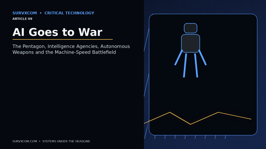 Investigative military AI visualization showing satellite and drone sensors feeding Project Maven-style geospatial analysis, NSA AI security, intelligence fusion, command systems and a clearly marked human authority gate before military action.