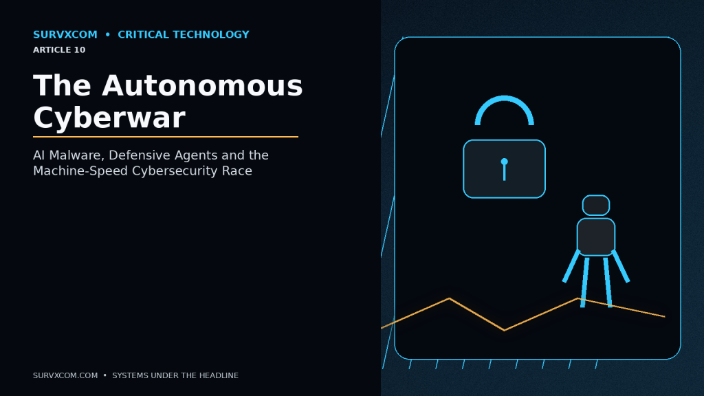 Investigative cybersecurity visualization showing AI-assisted attackers and defensive agents racing through vulnerability discovery, detection, containment and patching, with identity and human-authorization controls.