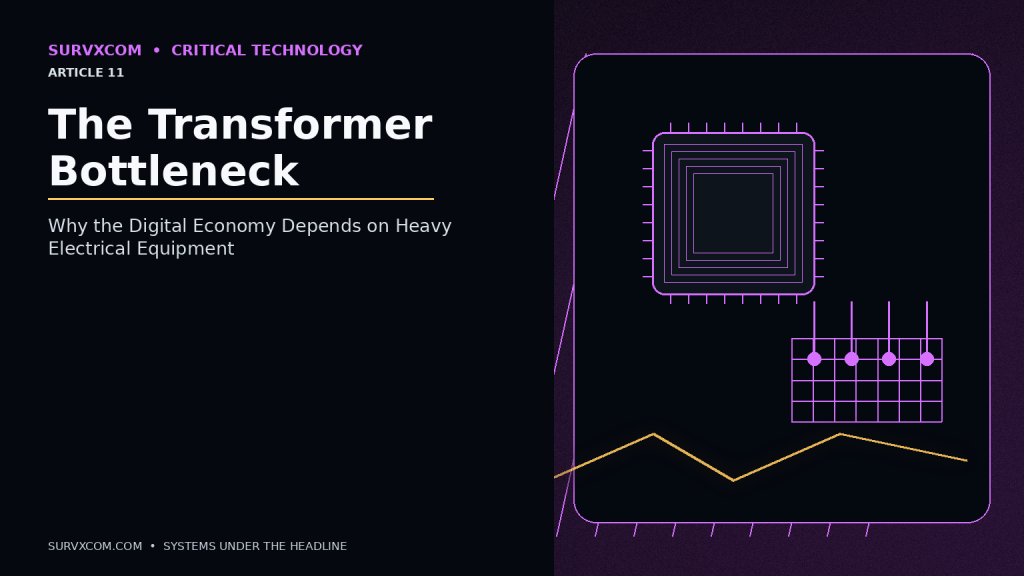 Investigative image of a massive power transformer linking generation and transmission to an AI data center, with copper, electrical steel, switchgear and factory-supply-chain elements.