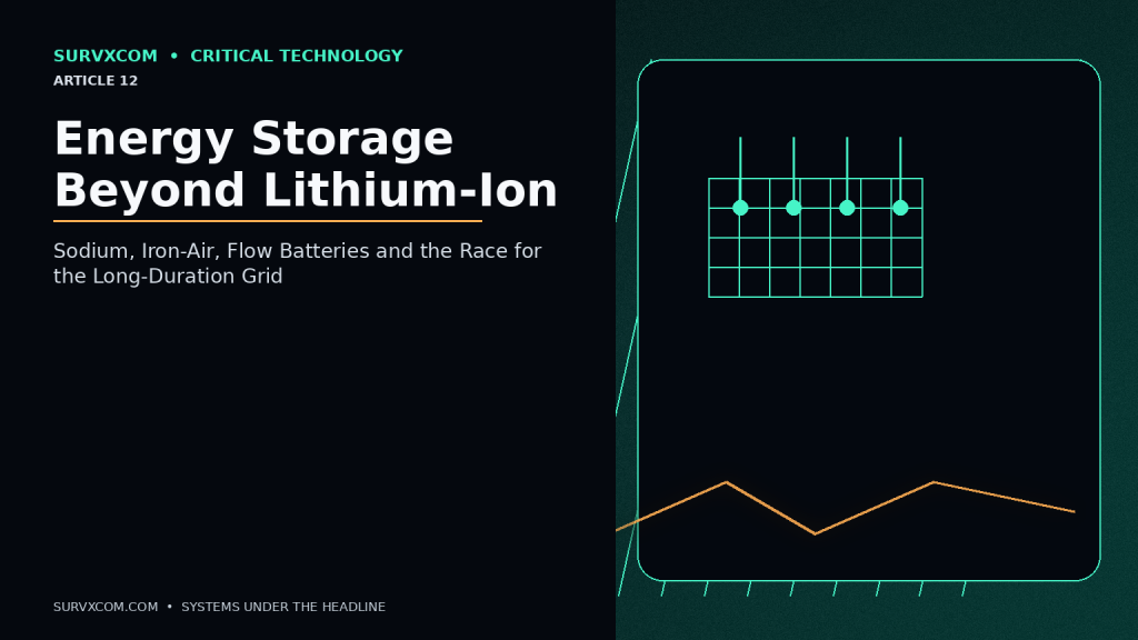 Investigative energy-storage comparison showing lithium-ion, sodium-ion, iron-air and flow batteries connected to a modern electric grid with thermal, pumped-hydro and hydrogen storage in the background.