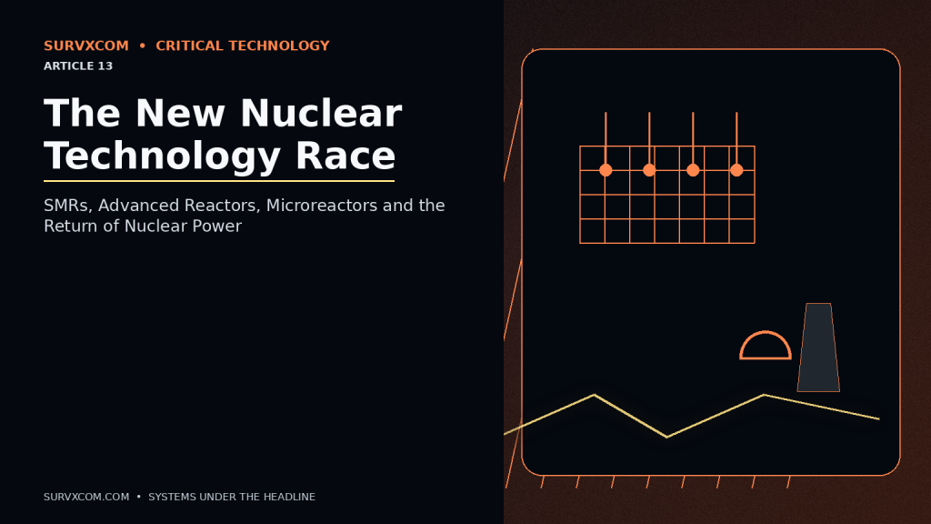 Investigative nuclear technology visualization showing an SMR, sodium fast reactor, TRISO-fueled high-temperature reactor and microreactor alongside HALEU fuel infrastructure, nuclear construction and AI data-center power demand.