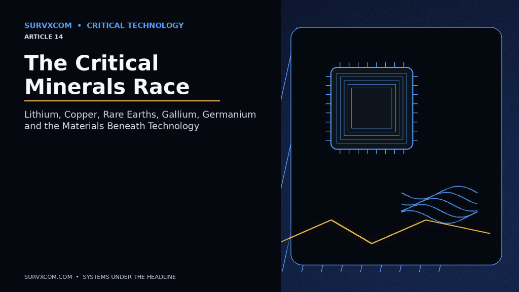 Investigative critical-minerals visualization showing copper, lithium, graphite, rare earths, gallium and germanium feeding semiconductor, battery, transformer, data-center and defense manufacturing supply chains.