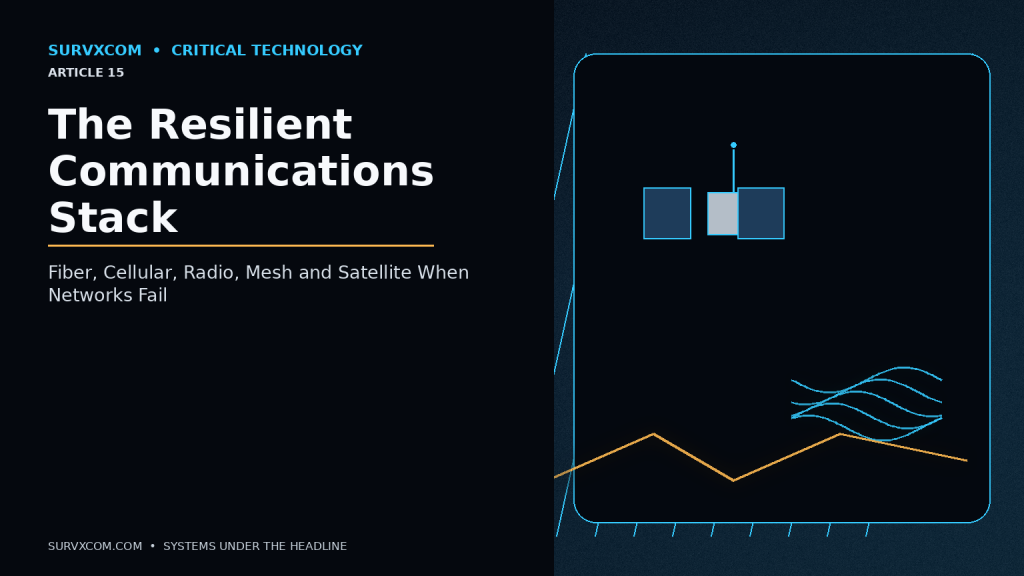 Investigative emergency communications image showing fiber, FirstNet cellular, land mobile radio, deployable cell towers, mesh networking and LEO satellite links providing independent paths into an incident command center.