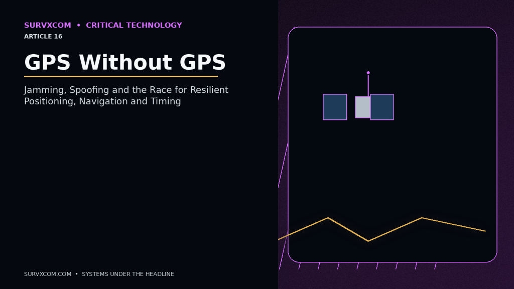 Investigative resilient-PNT visualization showing GPS satellites, inertial sensors, atomic clocks, terrestrial navigation, aviation backups and emerging quantum sensors feeding a cross-checked navigation system during GNSS interference.