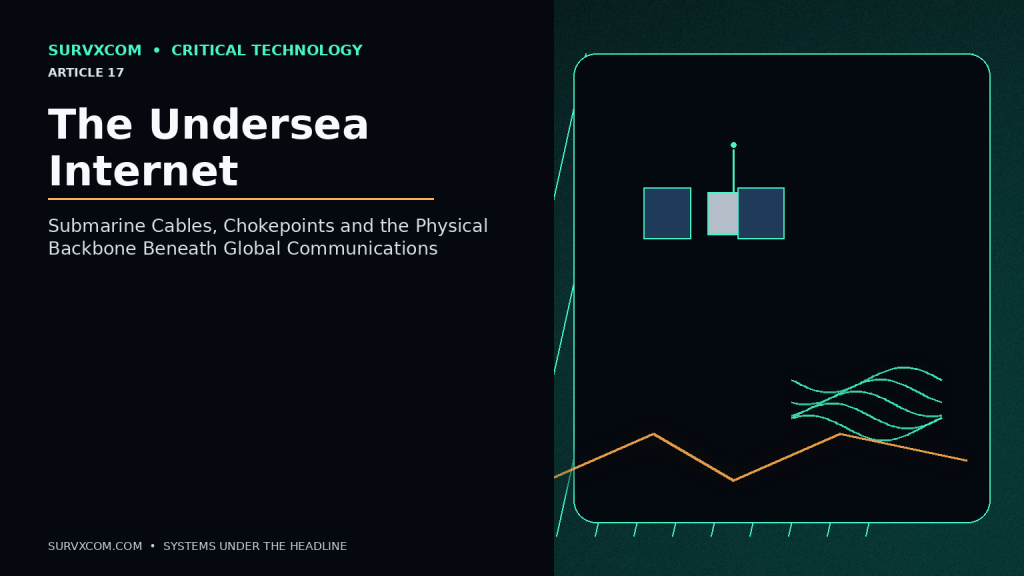 Investigative technology illustration showing submarine fiber-optic cables connecting data centers through landing stations, Red Sea and Baltic chokepoints, a cable repair vessel and alternate satellite connectivity.