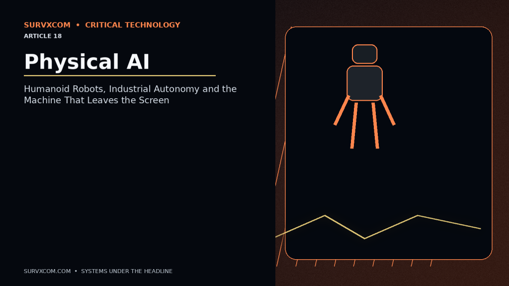 Investigative industrial robotics image showing a humanoid robot working in a factory surrounded by diagrams of vision-language-action AI, tactile hands, batteries, actuators, simulation, safety and fleet learning.