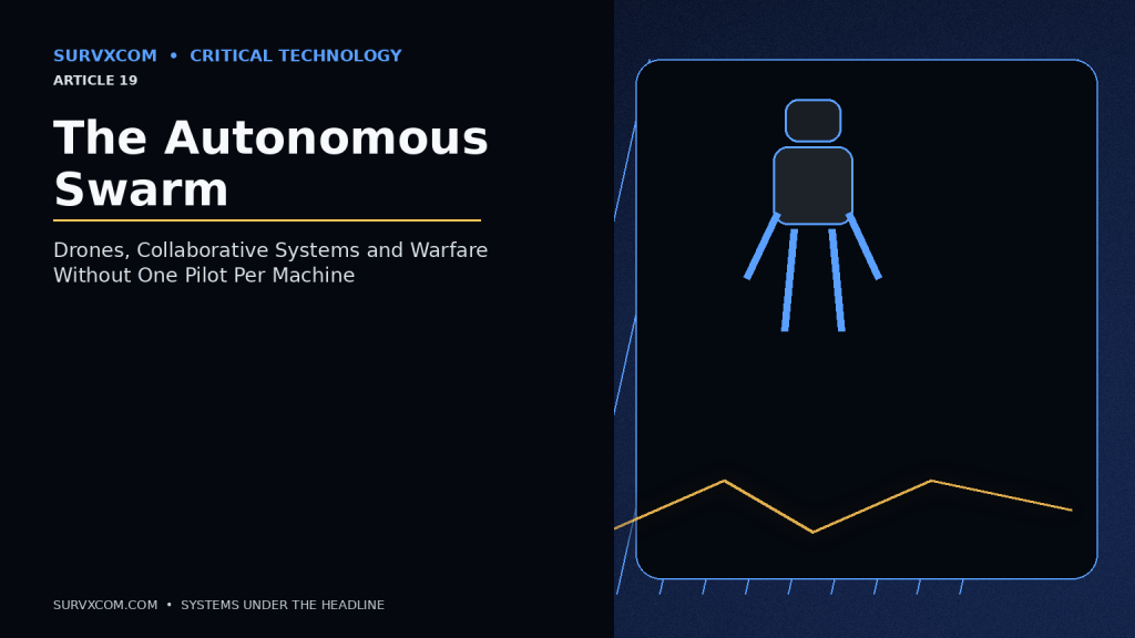 Investigative defense technology illustration showing one human commander supervising collaborative uncrewed aircraft, drones, a surface vessel and a ground robot through a resilient autonomy network.