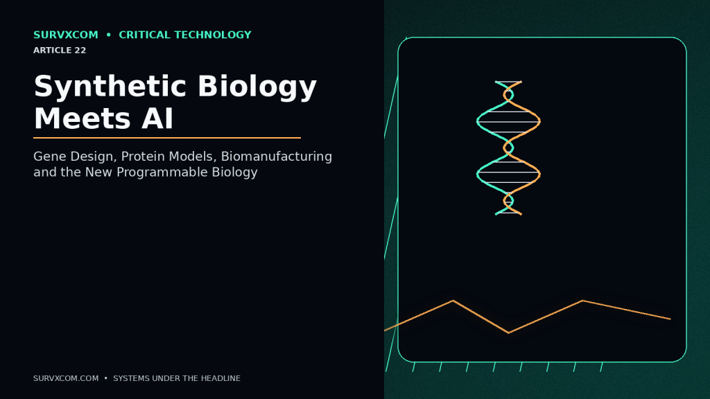 Investigative biotechnology illustration showing an automated biofoundry connected to AI protein design, structure prediction, laboratory testing, bioreactors, manufacturing and synthesis-screening safeguards.