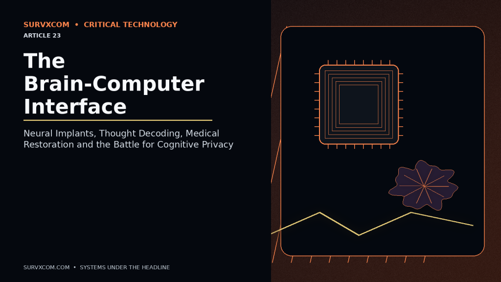 Investigative neurotechnology image showing a medical brain implant translating neural activity through an AI decoder into speech and computer control, alongside cognitive-privacy and neural-data safeguards.
