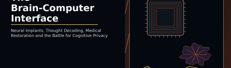 Investigative neurotechnology image showing a medical brain implant translating neural activity through an AI decoder into speech and computer control, alongside cognitive-privacy and neural-data safeguards.