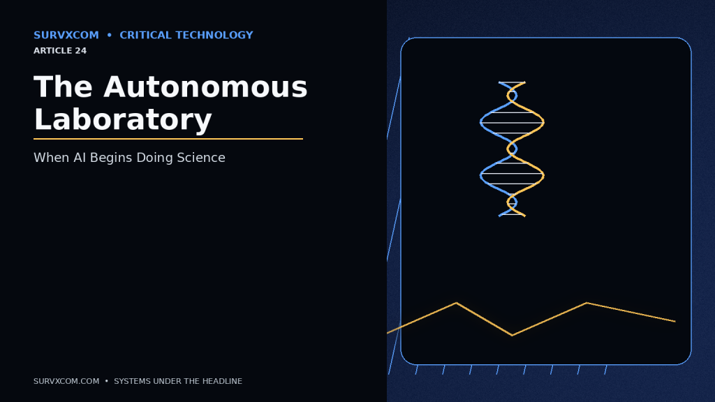 Investigative science technology image showing a robotic autonomous laboratory where AI selects experiments, controls instruments, analyzes measurements and updates the next experiment through a closed feedback loop.
