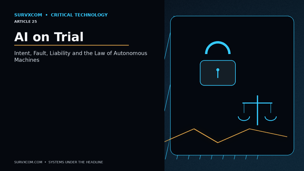 Investigative legal technology illustration mapping an AI responsibility chain from developer and deployer through an autonomous agent to a consequential action, alongside legal questions of authority, foreseeability, causation and auditability.