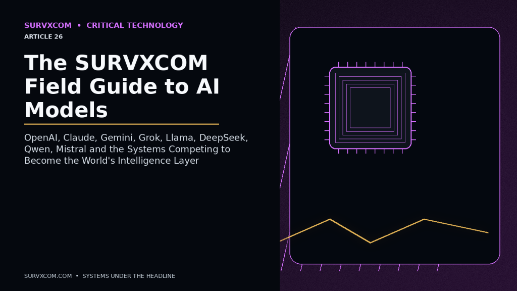 Investigative AI technology graphic comparing GPT, Claude, Gemini, Grok, Llama, DeepSeek, Qwen and Mistral across architecture, context, reasoning, tools, agents, openness and deployment control.