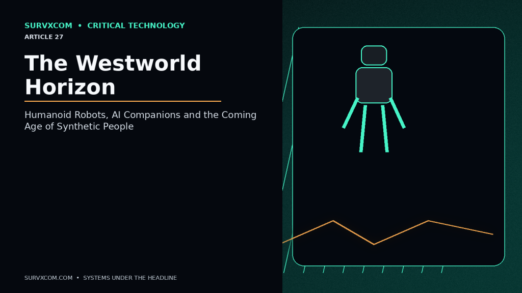 Futurecast technology illustration showing the progression from industrial humanoid robots to home assistants and a clearly labeled speculative future of lifelike AI companions, with privacy, memory and identity layers.