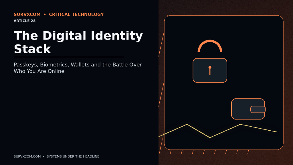 Investigative digital identity graphic showing passkeys, identity proofing, a user-controlled credential wallet, selective age disclosure, deepfake defenses and delegated AI-agent identity.