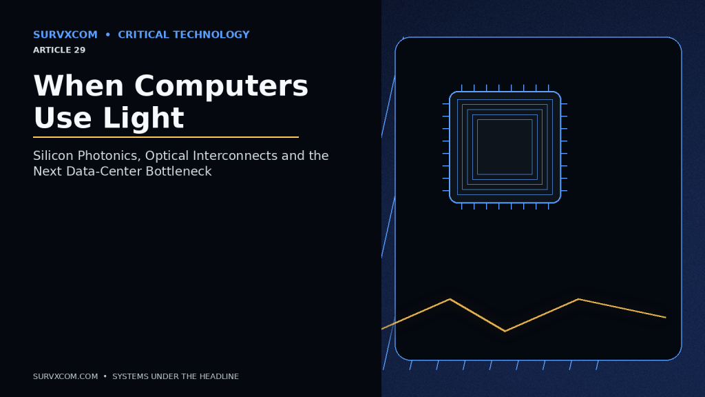Investigative semiconductor illustration comparing pluggable optics with co-packaged silicon photonics, showing optical engines and fibers moving closer to an AI switch or accelerator package.