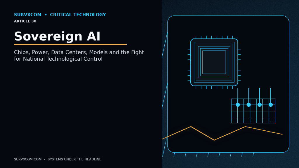 Investigative technology illustration showing a national AI stack from chips and power through data centers, fiber, cloud, models, identity and security, with dependencies and resilience paths mapped across global supply chains.