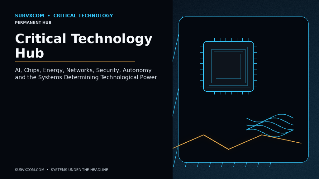 Cinematic SURVXCOM Critical Technology Hub image showing AI chips, data centers, optical networks, digital identity, robotics, power infrastructure, satellites and semiconductor manufacturing as one connected technology stack.