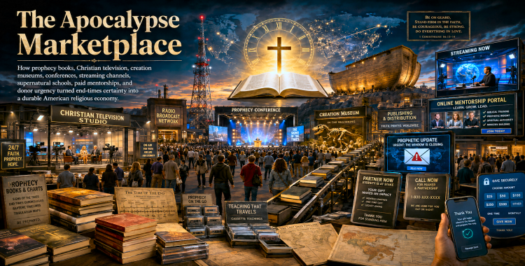 Prophecy books, Christian television, radio, conferences, a creation museum, streaming platforms and paid mentorships forming an end-times media marketplace.