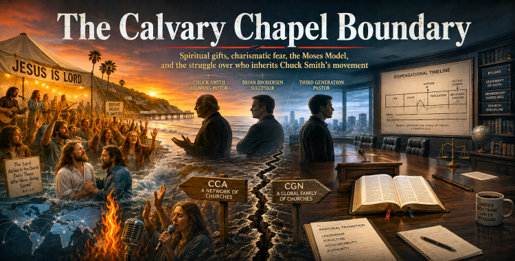 Calvary Chapel’s Jesus Movement revival transitioning into a divided modern leadership structure over spiritual gifts, authority and institutional identity.