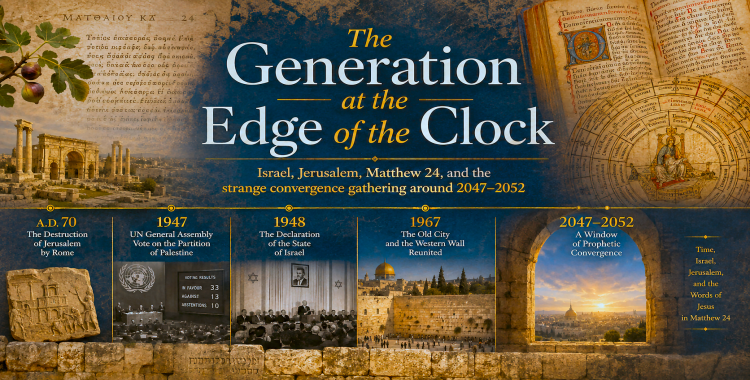 A prophecy timeline connecting A.D. 70, Israel in 1948, Jerusalem in 1967 and the 2047–2052 convergence window.