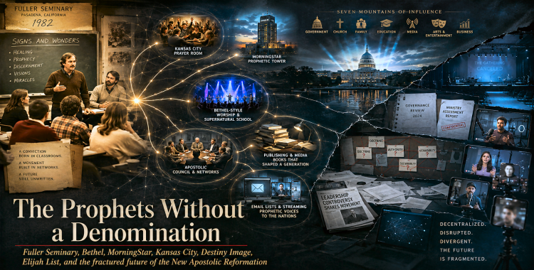 A network map connecting Fuller Seminary, the Kansas City prophets, MorningStar, Bethel, apostolic councils, prophetic publishers and online ministries.