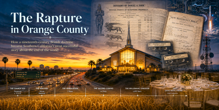 A Southern California church, prophecy chart, cassette tapes and wheat field illustrating the rise of pre-tribulation teaching.