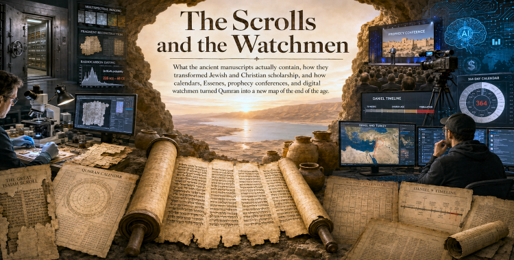 Dead Sea Scroll fragments and a 364-day calendar connecting Qumran scholarship with modern prophecy conferences and digital watchmen.
