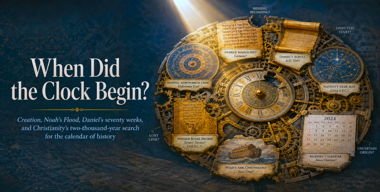 Biblical manuscripts, ancient calendars and historical clocks representing the search for the starting point of prophecy.